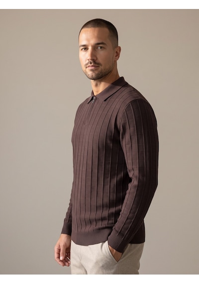 Maccali Erkek Koyu Kahve Fitil Detaylı Fermuarlı Polo Yaka Triko Sweatshirt