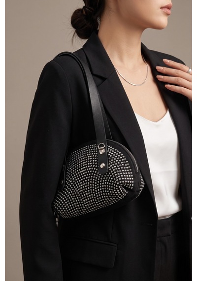 Vellabags Siyah Taşlı Çift Saplı Kadın El Çantası Abiye & Günlük Şıklık Siyah - Gümüş