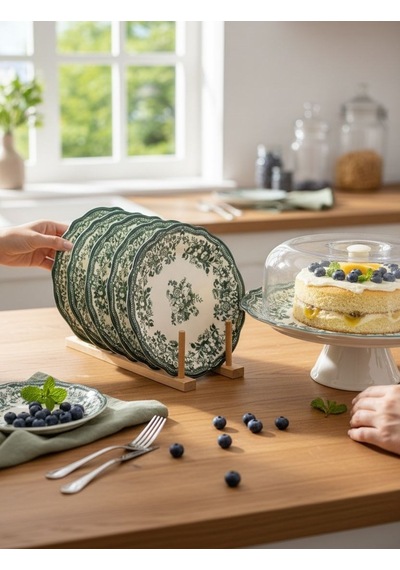 8 Parça Porselen Velour Green Pasta Seti-5687 Yeşil