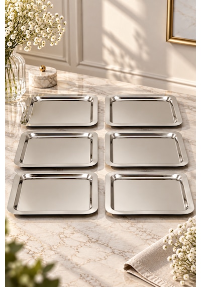 6 Lı Paslanmaz Metal Kahve Sunum Servis Tepsisi Tepsi 22cm Gümüş