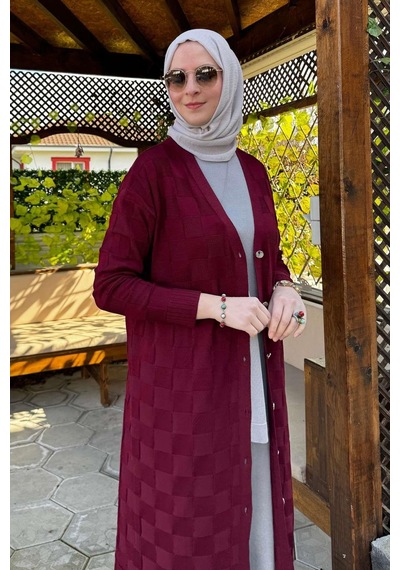 Rabia Şamlı Dama Desenli Triko Hırka Bordo Normal