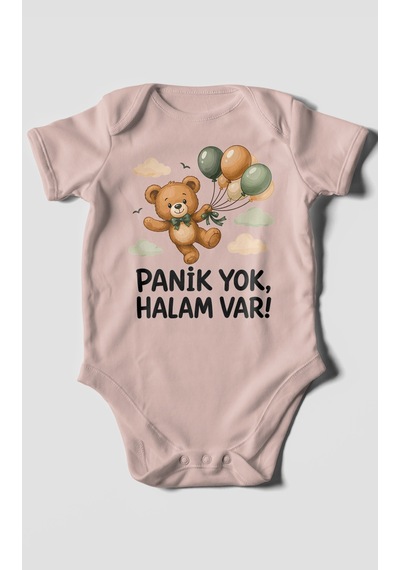 Morivokids Panik Yok, Halam Var Kısa Kollu Bebek Body %100 Pamuk Pastel Pembe