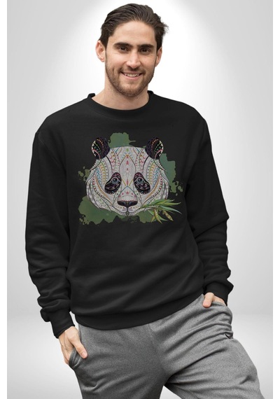 Panda Mandala Unisex Siyah Baskılı Sweatshirt Siyah