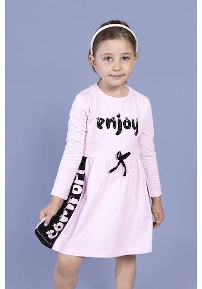 Toontoy Kız Çocuk Taş İşlemeli Enjoy Baskılı Elbise Açık Pembe