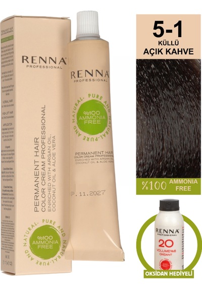Renna Bitkisel Amonyaksız Saç Boyası 60 Ml 5-1 Küllü Açık Kahve Oksidan Hediyeli