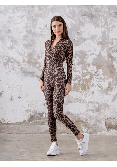 Lismina Leopar Desen Uzun Kollu Spor Tayt Tulum