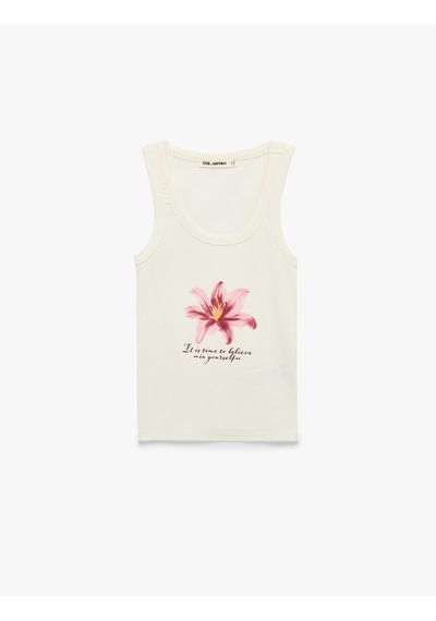 Koton Pamuklu Kolsuz U Yaka Hibiskus Baskılı Bluz Ekru 6sal30275ık