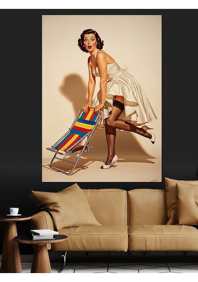 Ahşap Tablo Plaj Sandalyeli Retro Güzel Kadın