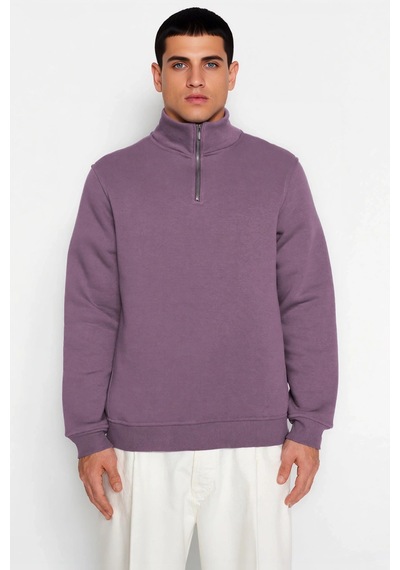 Benerly Erkek Dik Yaka Fermuarlı Standart Kol Regular Kalıp Sweatshirt Fo Mor