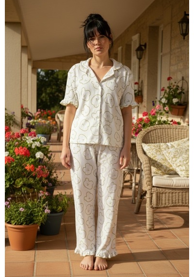 Siyah İnci Bürümcük-krınkıl Büyük Beden Düğmeli Pijama Takım26120826 26120826 Beyaz