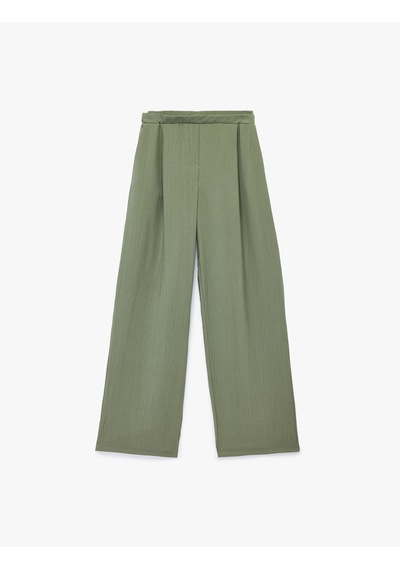 Koton Viskon Cepli Pileli Dokulu Geniş Paça Pantolon Haki 6sak40299pw