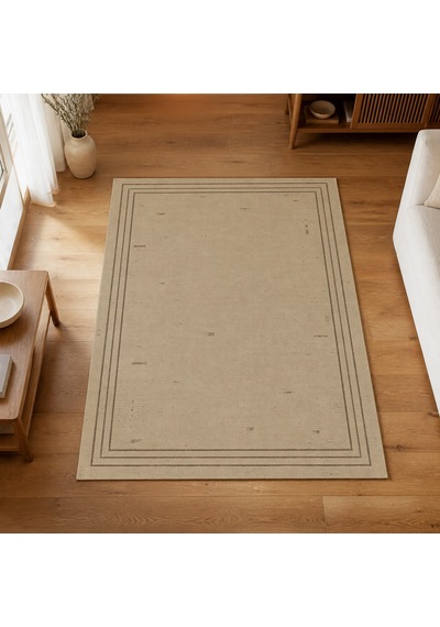 Kartela Halı Eskitme Çizgi Bordürlü Halı Bej Kaymaz Taban Makinede Yıkanabilir 100x150 Cm