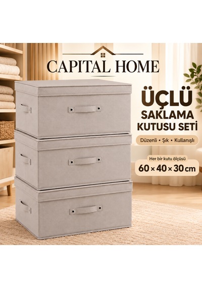 Capital Home 3'lü Set Çok Amaçlı Düzenleyici Hurç + Saklama Kutusu +kapaklı Büyük Boy 60 X 40 X 30 Cm Cappuccino