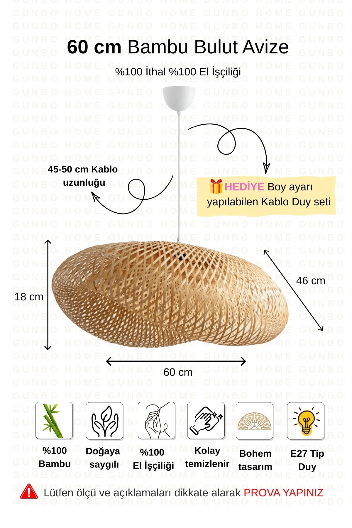 Bohem Bambu Bulut Sarkıt Avize Lamba 60cm - Iskandinav, Modern, Bohem, Rattan Aydınlatma Bej