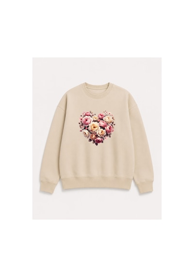 Herkesemoda Kalp Ve Güller Baskı Detaylı Bisiklet Yaka Şardonlu 2 İplik Sweatshirt Bej