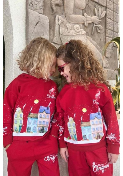 Riccotarz Kız Erkek Çocuk Kar Tanesi Ve Bina Digital Baskılı Yazı Detaylı Christmas Kırmızı Eşofman Takım Kırmızı Riccotarz Kız Erkek Çocuk Kar Tanesi Ve Bina Digital Baskılı Yazı Detaylı Christmas Kırmızı Eşofman Takım Kırmızı