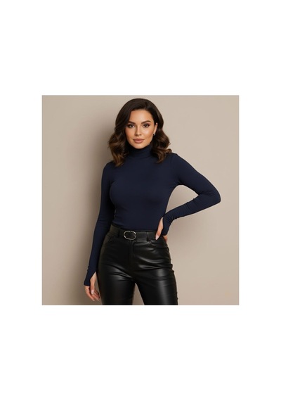 Unika Boutique Uzun Kol Dik Yaka Parmak Geçmeli Body T-shirt Lacivert