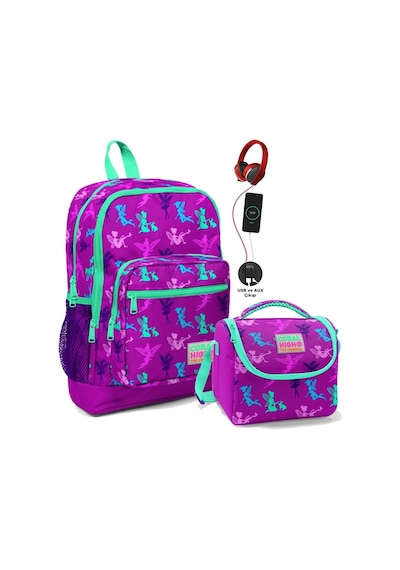 Coral High Okul Çantası Ve Beslenme Çantası Seti - Kız Çocuk Mor Peri - Usb Soketli