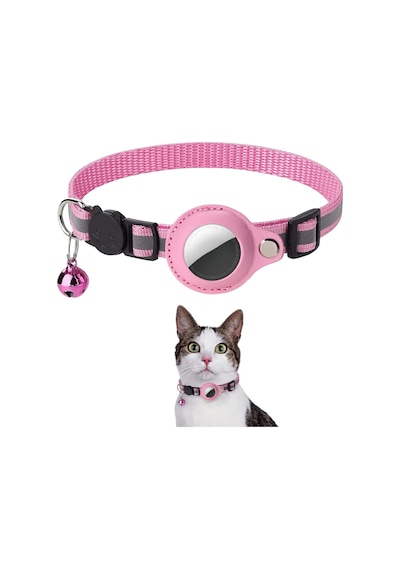 Etashop Airtag Uyumlu Reflektif Kedi Tasması Zilli Ayarlanabilir Kedi Boyun Tasması 22-32 Cm Pembe