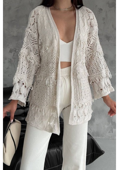 Noa & Noa Kadın Desenli Açık Örgü Hırka Romantik & Modern Stil Ekru