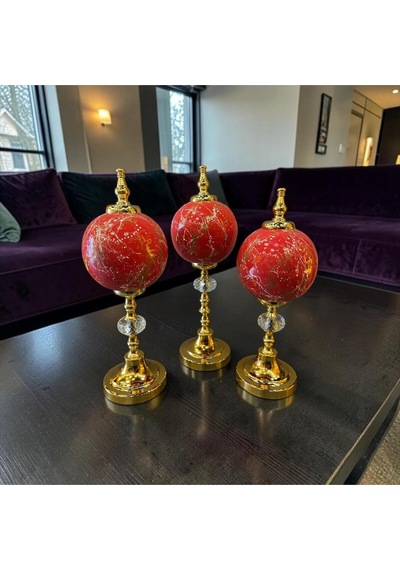 Ruby Gold Küre Dekoratif Obje Seti Kırmızı Mermer Desenli Lüks Modern Masa Üstü Ev Aksesuarı