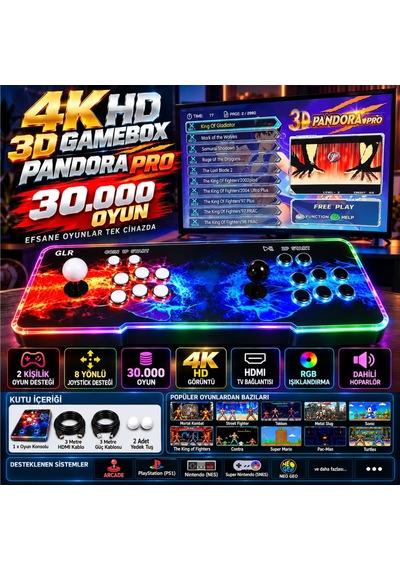 3d Pandora Pro 30.000 Oyunlu Rgb Işıklı Arcade Oyun Konsolu 2 Kişilik Hdmı Tv Bağlantılı