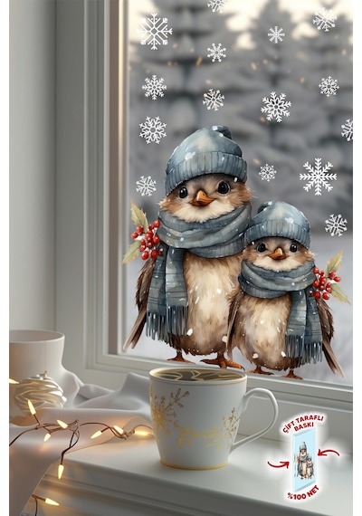 Sevimli Yılbaşı Yeni Yıl Kuşları Ve Kar Taneleri Sticker Seti, Çift Taraflı Yılbaşı Cam Sticker Seti Dijital Baskı