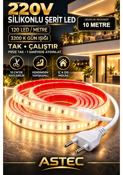 Astec Yapışkanlı 10 Metre Gün Işığı 220v Silikonlu Şerit Led Yüksek Güç Tak Çalıştır İç Dış Mekân Su Geçirmez Günişiği