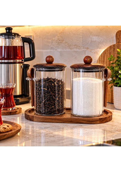 İkili 1000 Ml Akasya Kapaklı Kaşıklı Akasya Standlı Cam Kavanoz Seti Haki