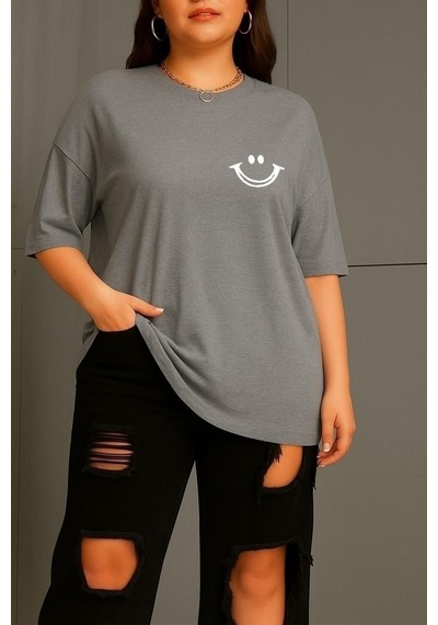 Büyük Beden Gülücük Baskılı Unisex Tişört Gri