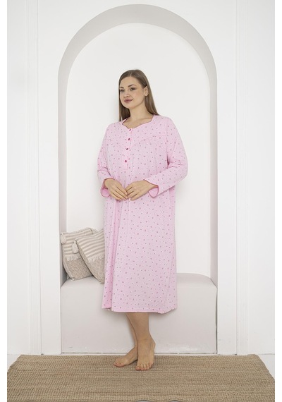Seboteks %100 Pamuklu Mevsimlik Kumaş Uzun Kollu Büyük Beden Anne Geceliği 933 Pembe