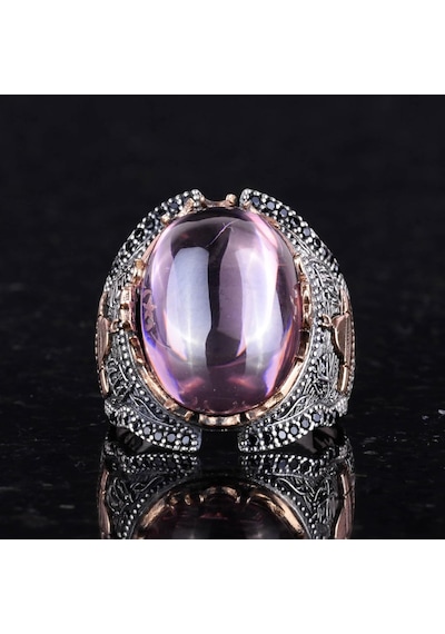 925 Ayar Gümüş Erkek Yüzüğü, Müslüman Camisi Pembe Topaz Yapay Taş Gümüş