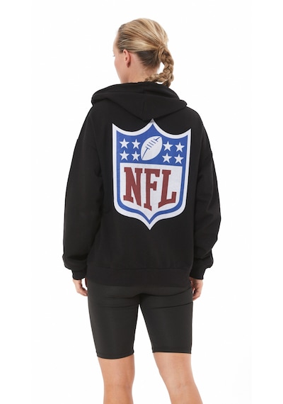 Siyah Kanguru Cep Nfl Baskılı Fermuarlı Sweatshirt Siyah