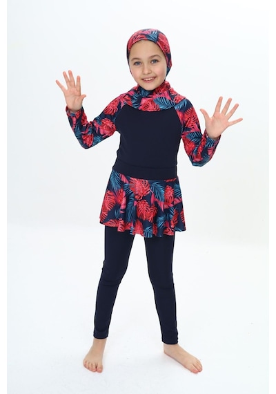 My Kids Wear Üç Parça Kız Çocuk Haşema, Tesettür, Etekli, Kapalı Mayo Kırmızı - Lacivert