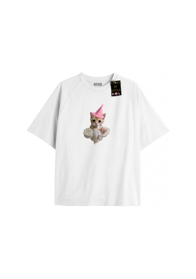 Tarzsokak Beyaz Oversize T-shirt Happy Kedi Özel Tasarım