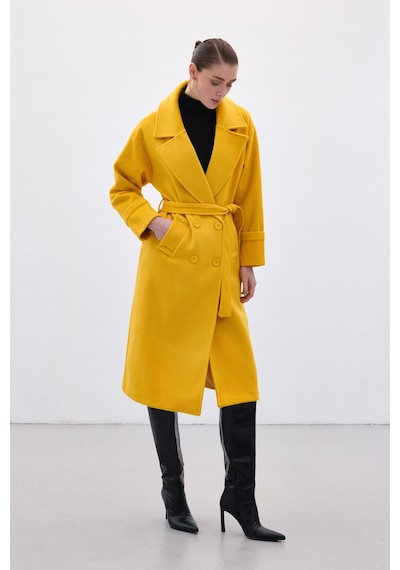 Sateen Beli Bağlamalı Uzun Kaban - Sarı-136632 Sarı
