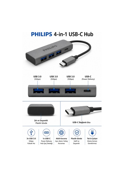 Philips SWR5041/00 USB-C 4'ü 1 Arada USB 3.0 Hub, 3x USB-A + 1x USB-C, 5Gbps Veri Aktarımı, Plastik Gövde