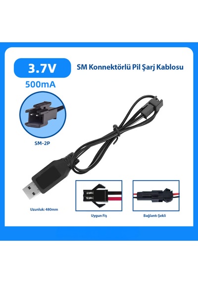 3.7v Lityum Pil Usb Şarj Kablosu 2 Pin 500ma Şarj Adaptörü 480mm Uzunluk Pil Şarj Kablosu