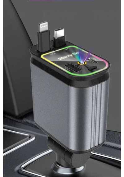 Acl Acc-01 Rgb Işıklı 66w Araç Şarj Cihazı 4in1 Geri Çekilebilir Kablo Type-c + Lightning Yıld