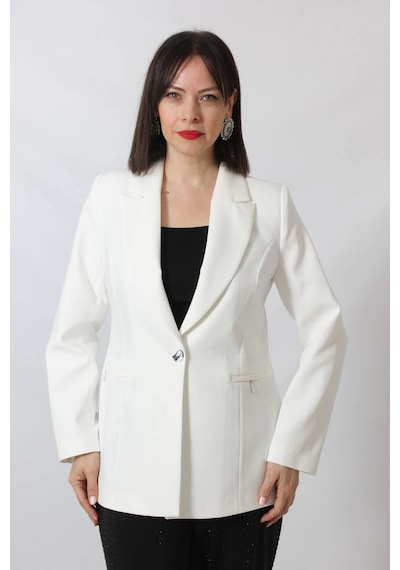Moda Berray 1904 Beyaz Fermuarlı Cep Aksesuarlı Kadın Büyük Beden Blazer Ceket Beyaz