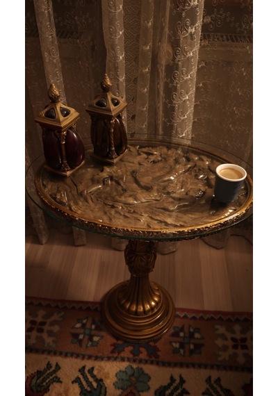 Mitolojik Figürlü Oval Polyester Döküm Sehpa İkili Set Antik - Bakır