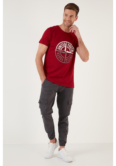 Buratti Baskılı Bisiklet Yaka Pamuklu Slim Fit Erkek T Shirt 541Pusula Kırmızı
