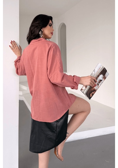 Paw Garage Kadın Harper Çift Cepli Oversize Keten Gömlek, 2025 Summer Collection Gül Kurusu