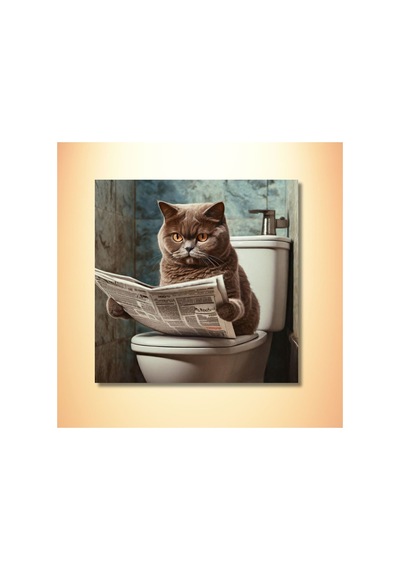 Tekli Kare Kanvas Banyo Tablosu Gazete Okuyan Gri British Kedi Kanvas Çok Renkli Çerçevesiz