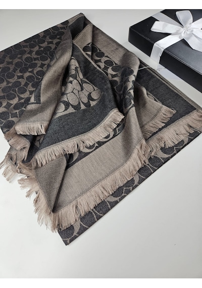 Miorel Scarfs C Desen Çift Taraflı Kaşmir İpek Şal 4 Mevsim Pamuk Şal Antrasit - Bej