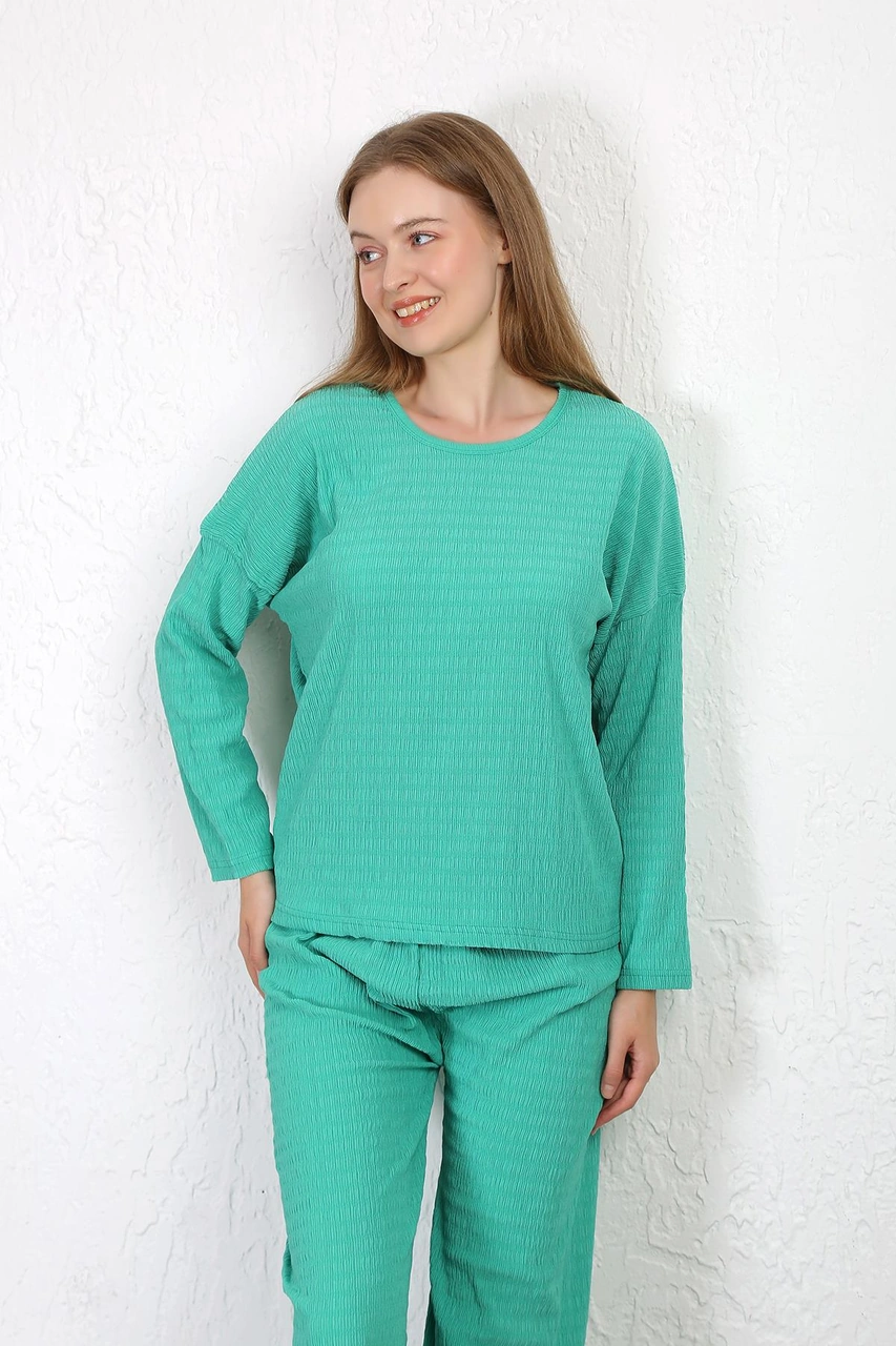 Akbeniz Kadın Bürümcük Kumaş Pijama Takım Yeşil 4233 Yeşil