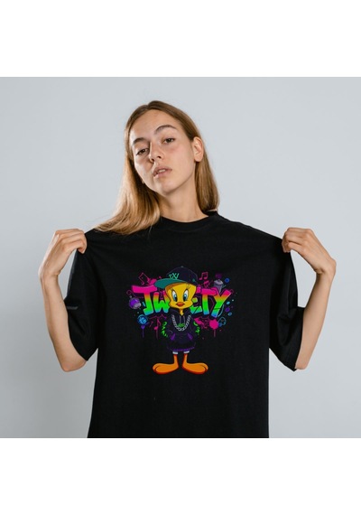 Vinevesta Tweety Graffiti Baskılı Unisex Siyah Oversize Tişört - 24/1 Penye Çok Renkli
