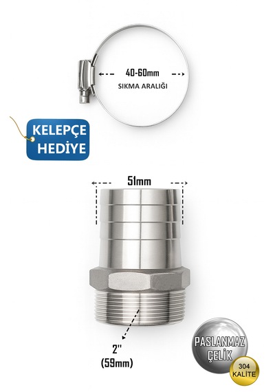 Paslanmaz Hortum Rekoru - 2inç Rekor + Kelepçe Set - Krom Çelik Hortum Ucu - 304 Kalite 2''