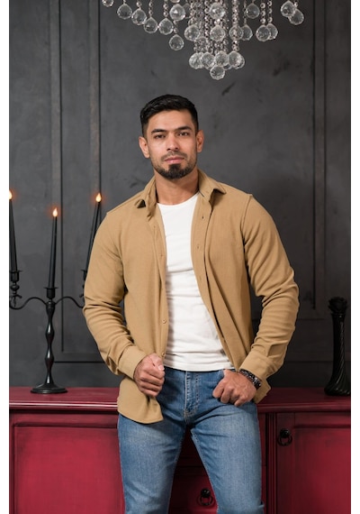 Likralı Fitilli Pamuklu Kışlık Kumaş Regular Fit Gömlek Devetüyü