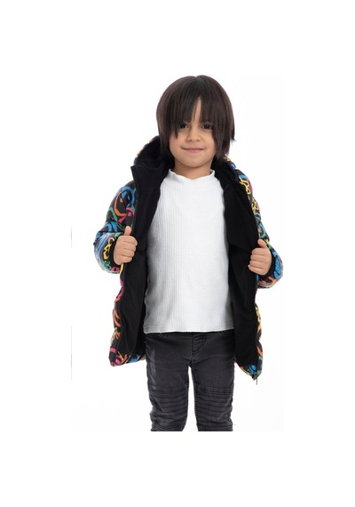 Erkek Çocuk Polarlı Kapüşonlu Araba Yıldız Ay Desenli Kışlık Şişme Mont & Kaban-31 Lacivert